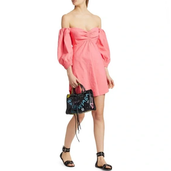 NWT! A.L.C. Mila Off-The-Shoulder Linen Mini Dress in Lychee Size 0/XS